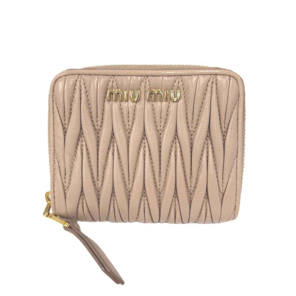 Miu Miu MIUMIU Matelassé Bi-fold Wallet 5ML522, Pink Beige, PVC Leather, Women's